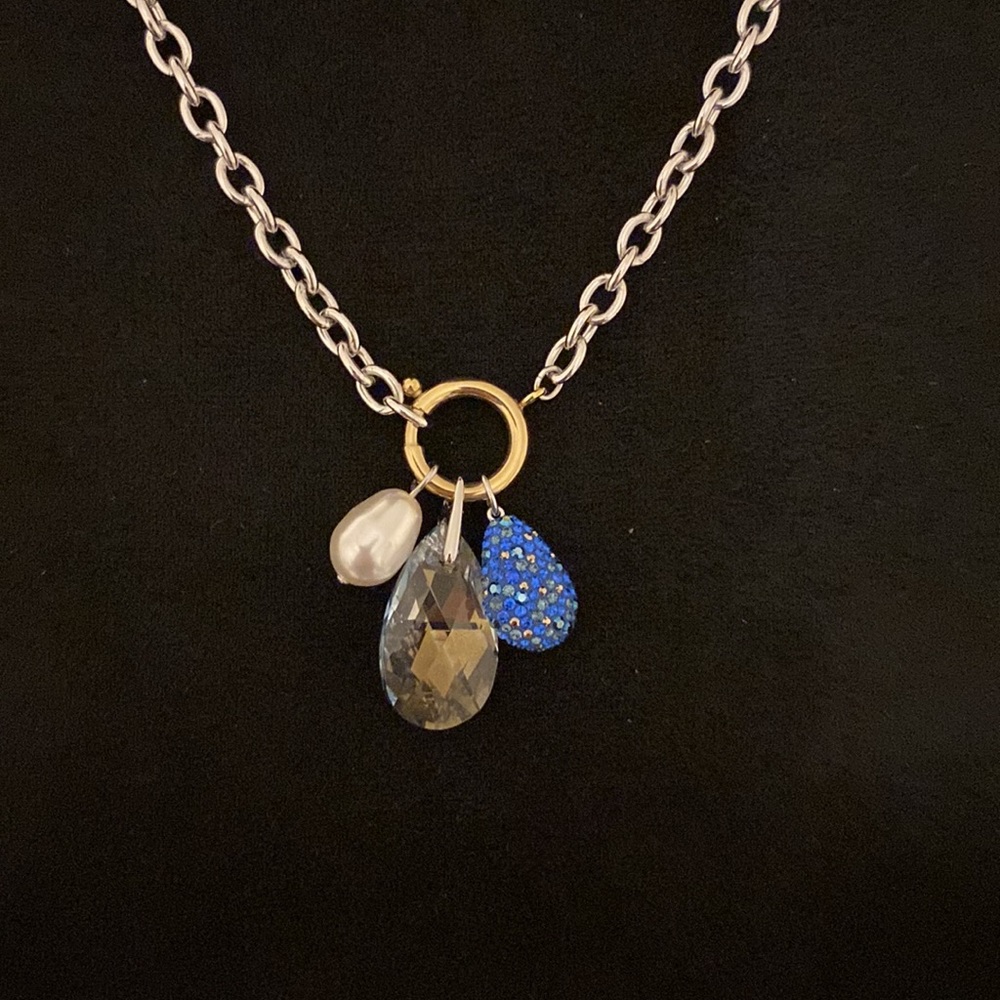 Swarovski tear drop, fresh water pearl, crystal three charm necklace